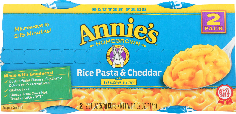 ANNIES HOMEGROWN: Rice Pasta & Cheddar Gluten Free Microwavable Mac & Cheese Cup 2 Pack, 4.02 oz