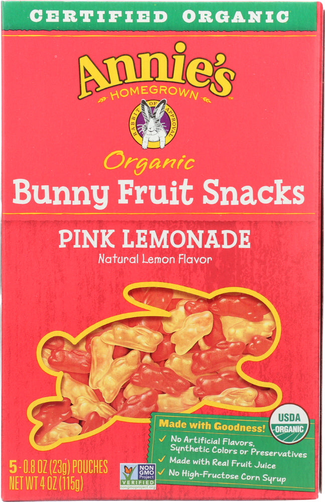 ANNIE'S HOMEGROWN: Organic Bunny Fruit Snack Pink Lemonade, 4 Oz