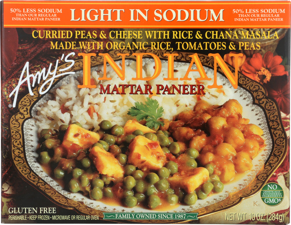 AMYS: Meal Indian Light in Sodium Mattar Paneer, 10 oz