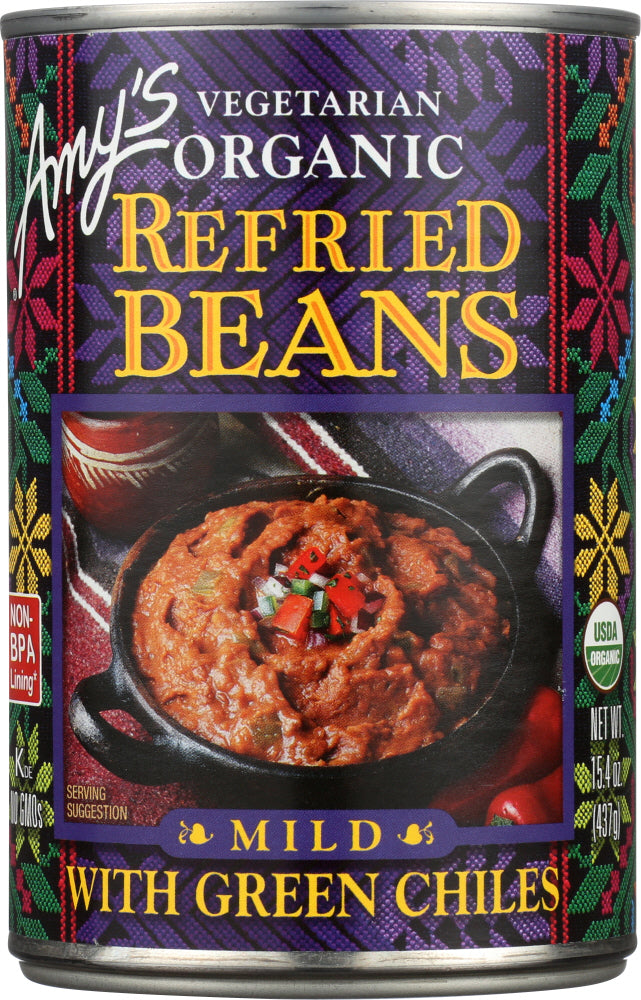 AMY'S: Vegetarian Organic Refried Beans with Green Chiles Mild, 15.4 Oz