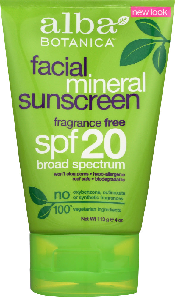 ALBA BOTANICA: Very Emollient Sunscreen Facial Mineral Protection SPF 20, 4 oz